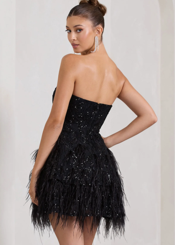 Black Sequin Lace Strapless Mini Dress