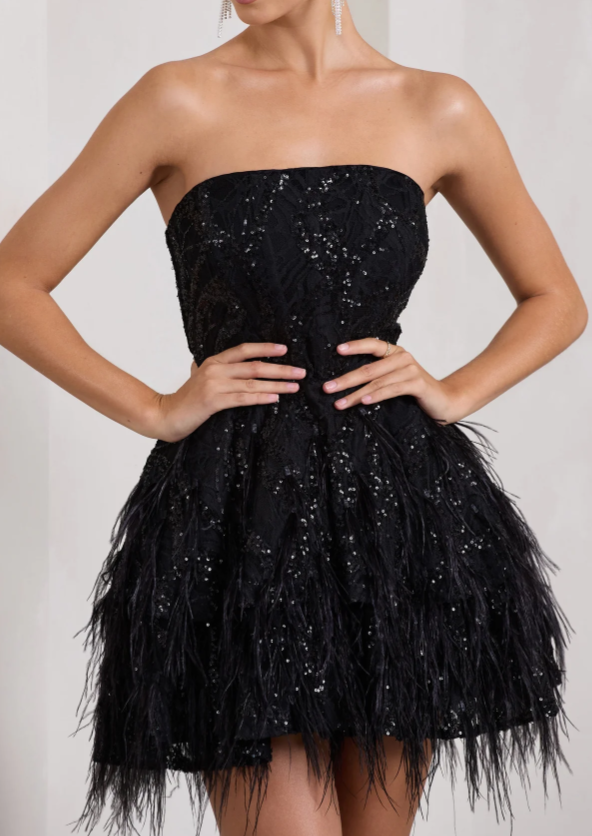 Black Sequin Lace Strapless Mini Dress