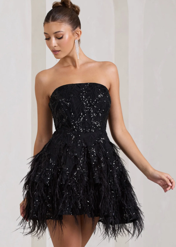 Black Sequin Lace Strapless Mini Dress