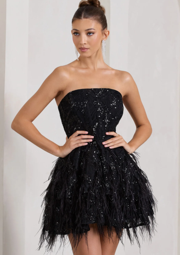 Black Sequin Lace Strapless Mini Dress