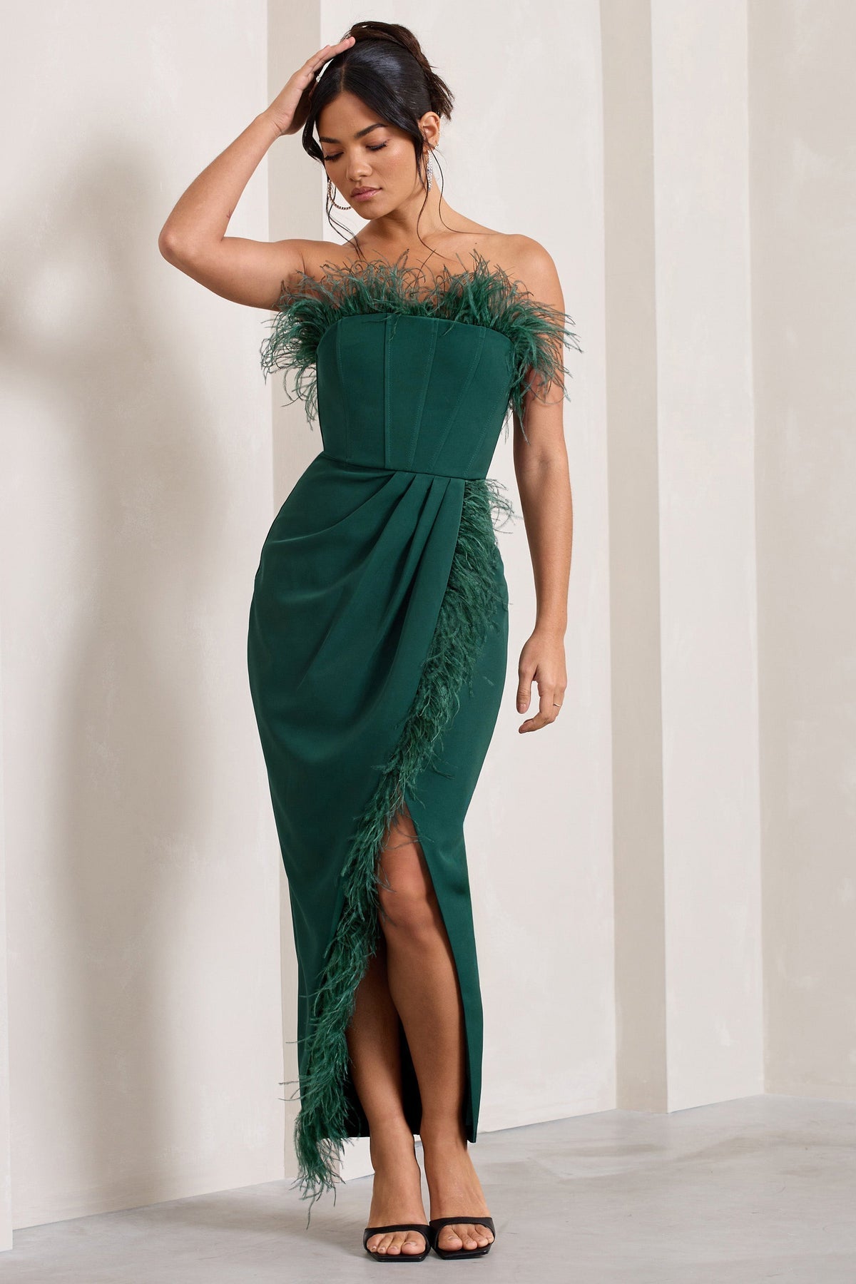 Bottle Green Feather Corset Maxi