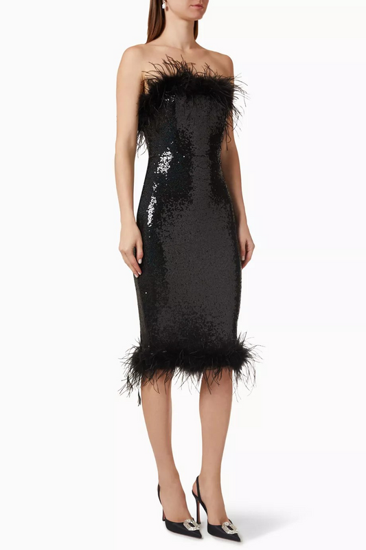 Bandeau Feather Midi Dress in Sequins