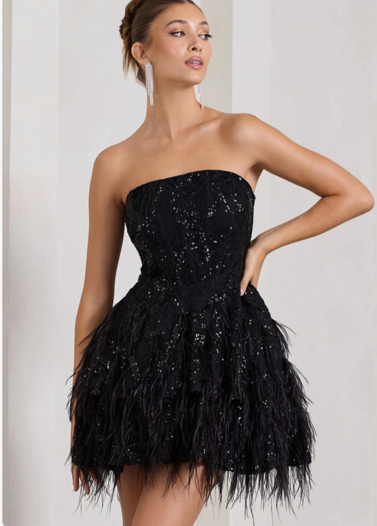 Black Sequin Lace Strapless Mini Dress