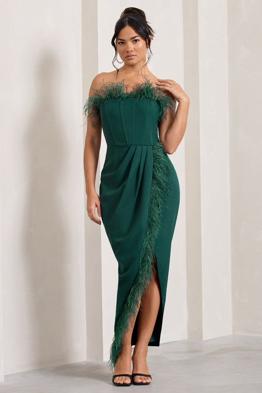Bottle Green Feather Corset Maxi